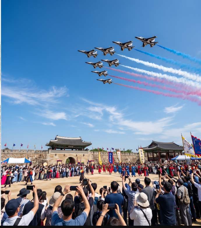 Haemi Eupseong fortress walls and Black Eagles air show over the Seosan festival grounds 2026