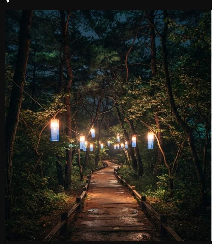 Nalchi Changgeuk traditional Korean opera performance at Gwanbangjerim Forest night walk with lanterns and audience seated on the heritage trail