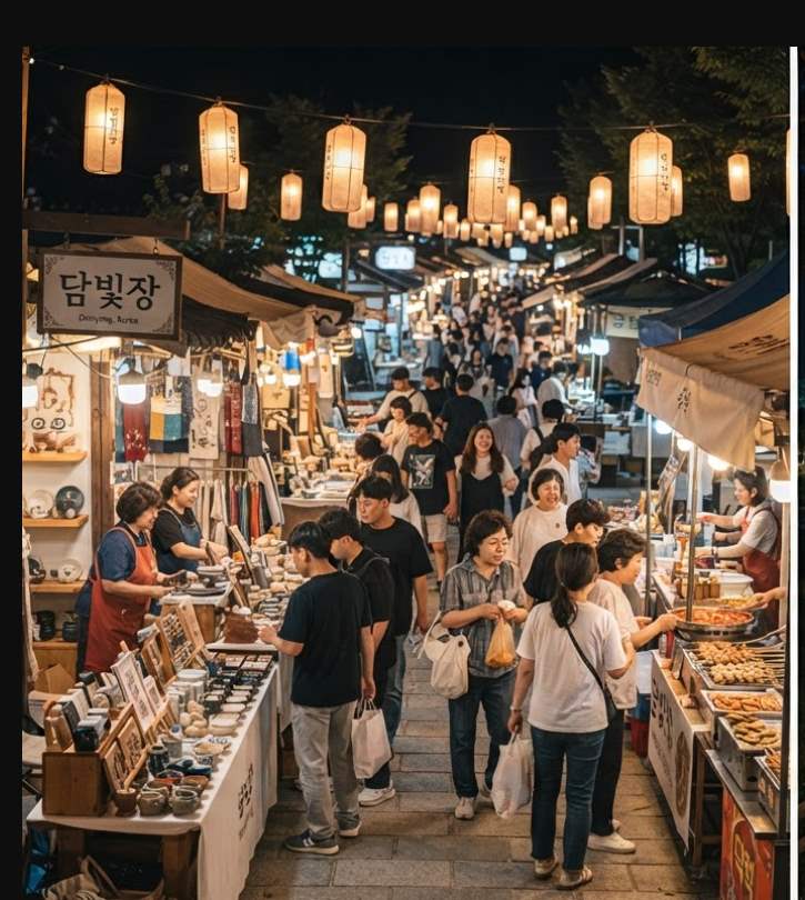 Dambitmjang night market at the Damyang Heritage Night Walk with lantern-lit stalls and visitors browsing local craft and food products