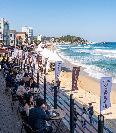 Nighttime fireworks over Anmok Beach during the Gangneung Coffee Festival 2026 with seaside café lights in the background