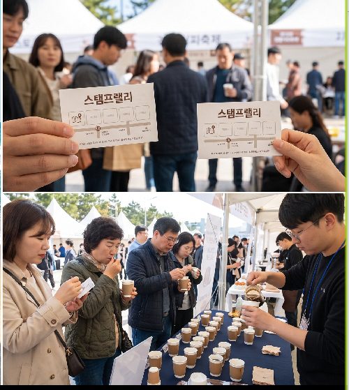 Visitors walking along Anmok Coffee Street in Gangneung with coffee cups in hand during the 2026 Gangneung Coffee Festival stamp rally