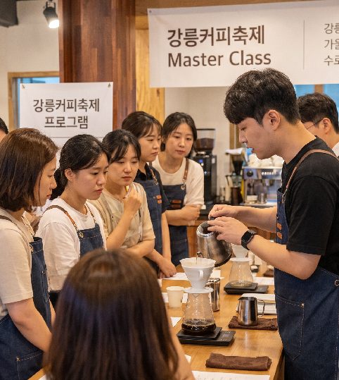 100 baristas performing a simultaneous handdrip pour at the Gangneung Coffee Festival 2026 on Anmok Beach Coffee Street