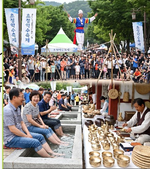 세종대왕 초정약수축제 족욕 체험 공간에서 가족 방문객들이 초정약수에 발을 담그는 모습