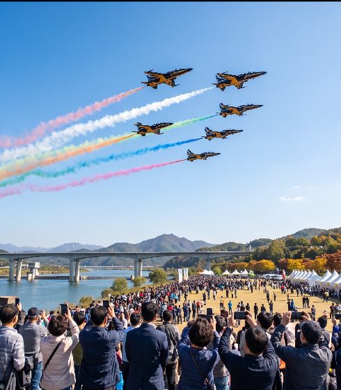 Chilgok Nakdong River Peace Festival 2026 — Black Eagles T-50B aircraft performing over Chilgokbo
