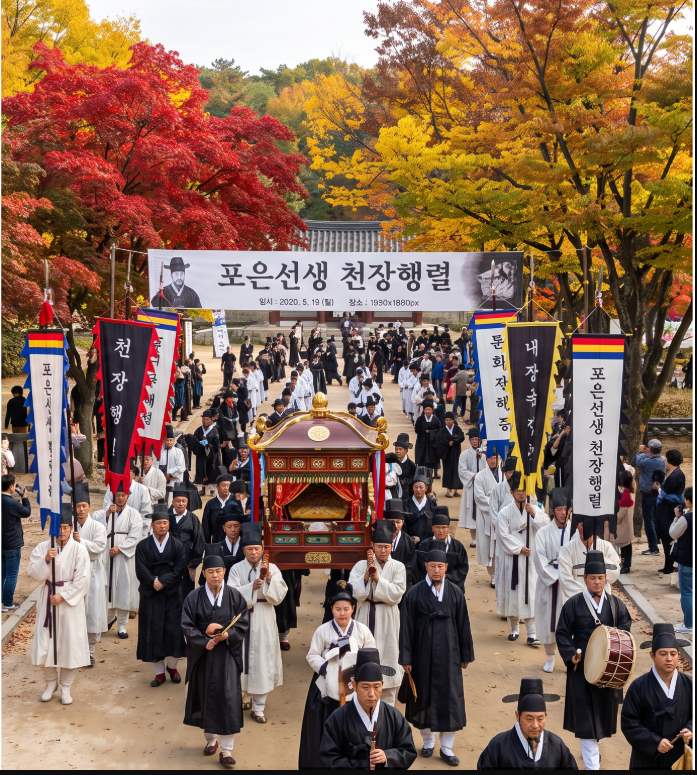 Cheonjang-haengnyeol funeral procession parade marching through the plaza at the Jeong Mongju tomb grounds