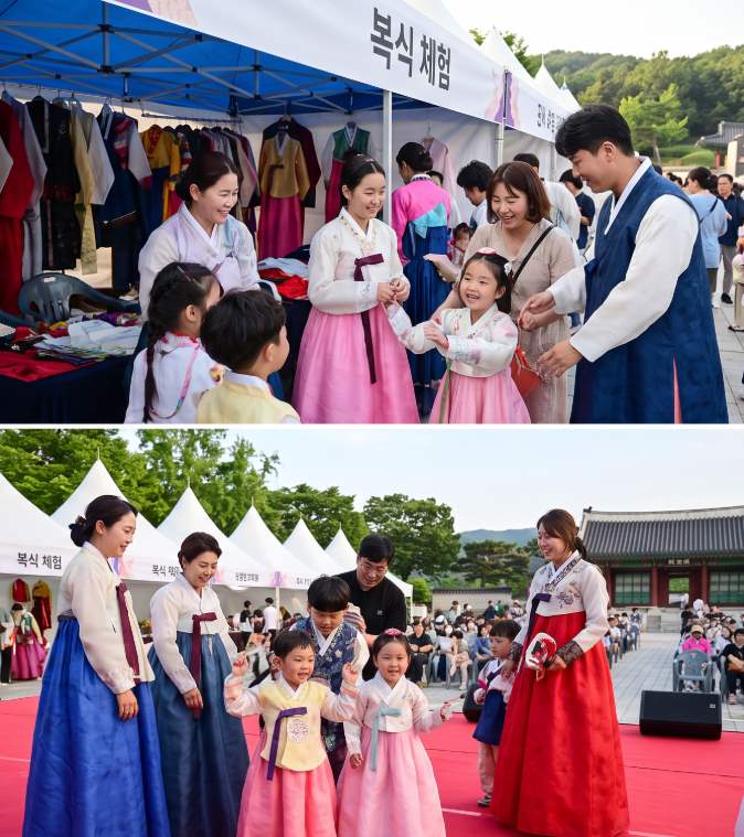 Visitors trying on traditional Goryeo and Joseon dynasty costumes at the Poeun Cultural Festival hands-on booth