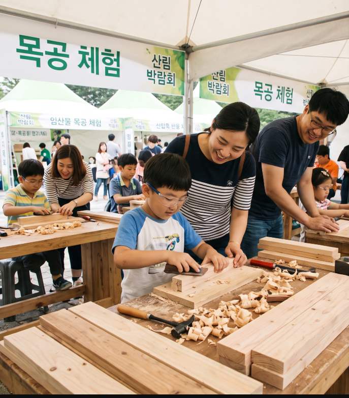 Children and families participating in timber craft activities at the Korea National Forest Expo 2026 woodworking workshop