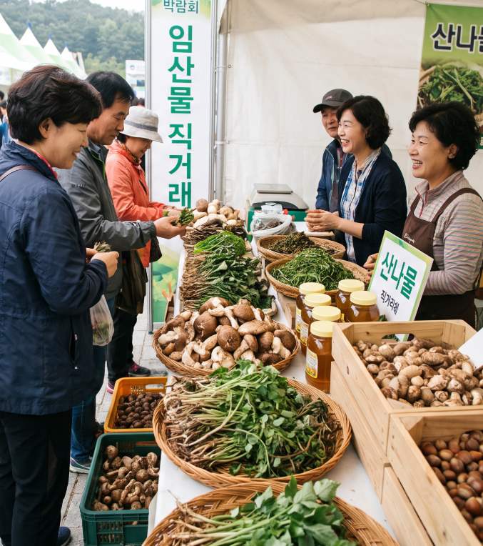 Visitors browsing forest produce vendor booths at Saengmyeong Nuri Park during the Korea National Forest Expo 2026