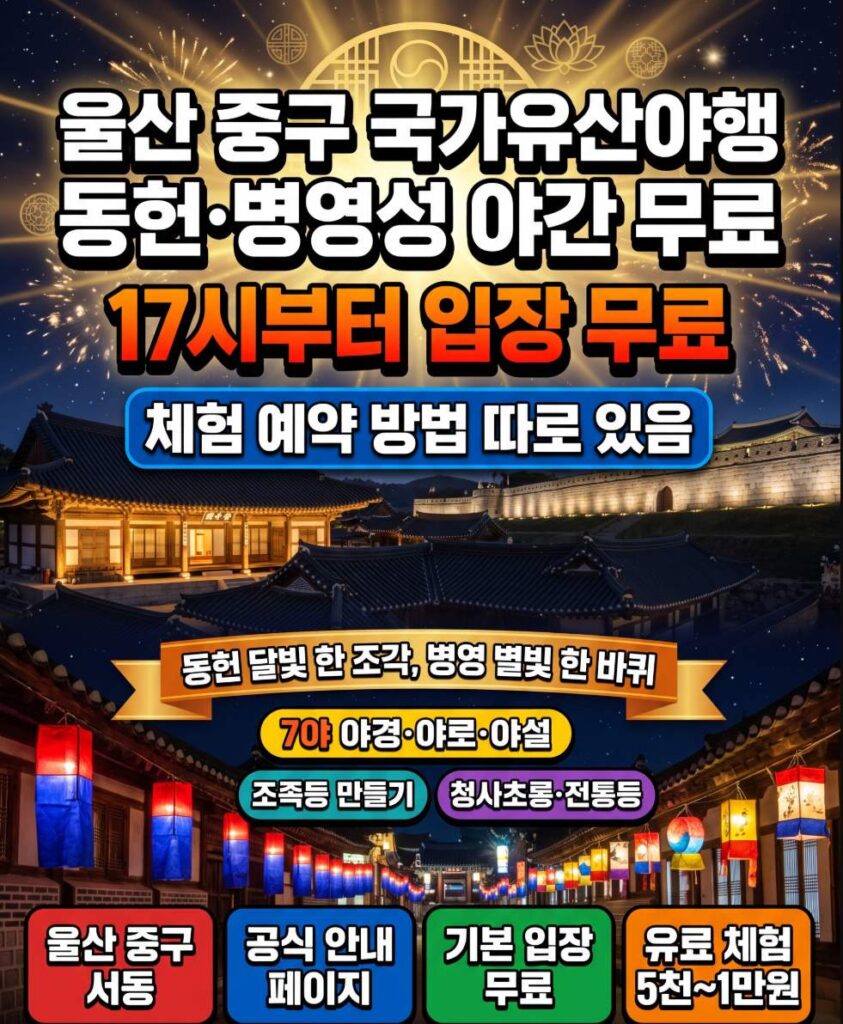 Ulsan Jung-gu National Heritage Night Walk 2026 — Dongheon government office lit up at night with visitors in traditional hanbok clothing