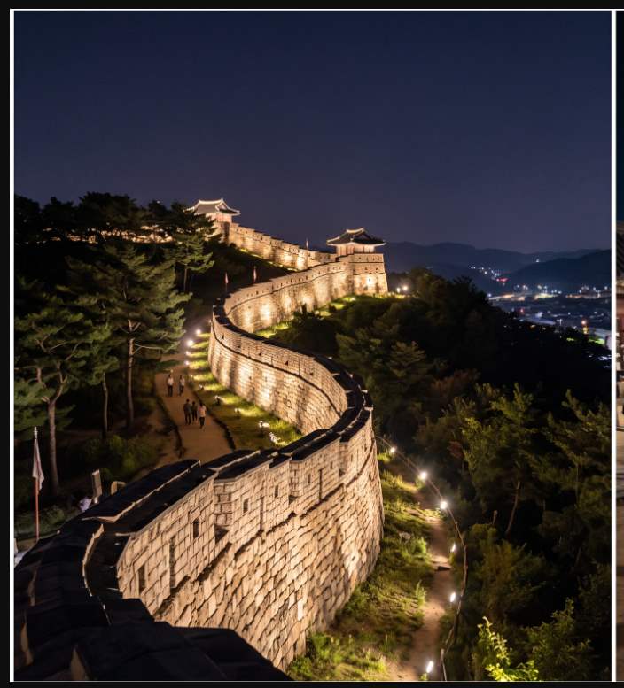Gyeongsang-jwado Byeongyeongseong Fortress at night — stone rampart walls illuminated against the dark sky