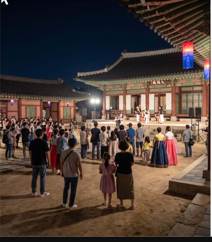 Ulsan Dongheon Naea — traditional hanok wooden buildings illuminated with nighttime lighting during the heritage night walk