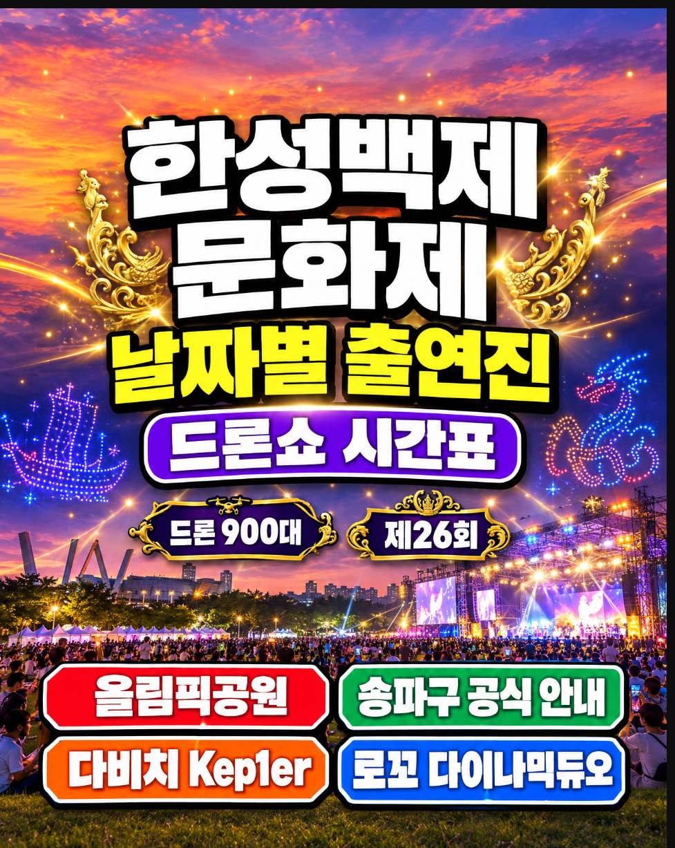 한성백제문화제 올림픽공원 88잔디마당에서 드론라이트쇼가 펼쳐지는 야간 전경