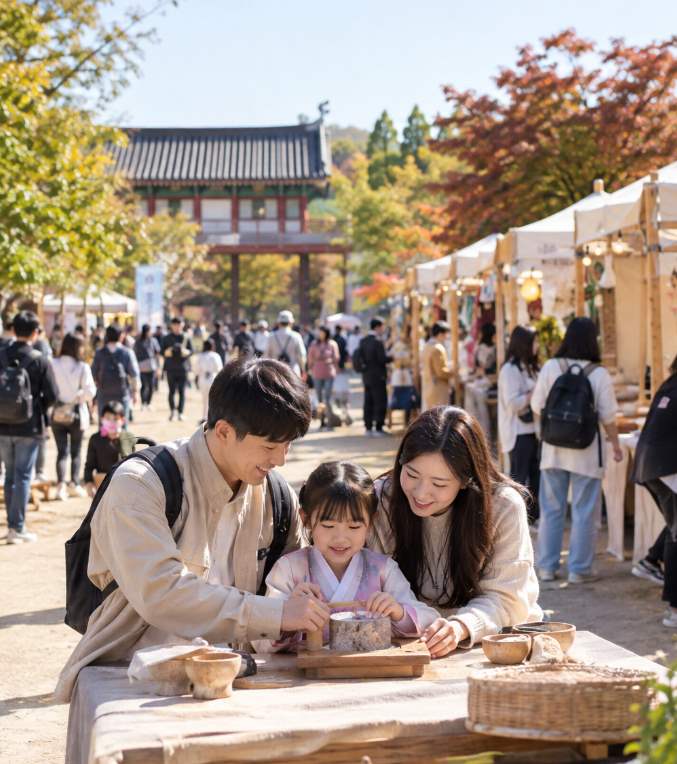 Visitors enjoying the Hanseong Baekje Cultural Festival experience zone at Olympic Park on a clear autumn afternoon