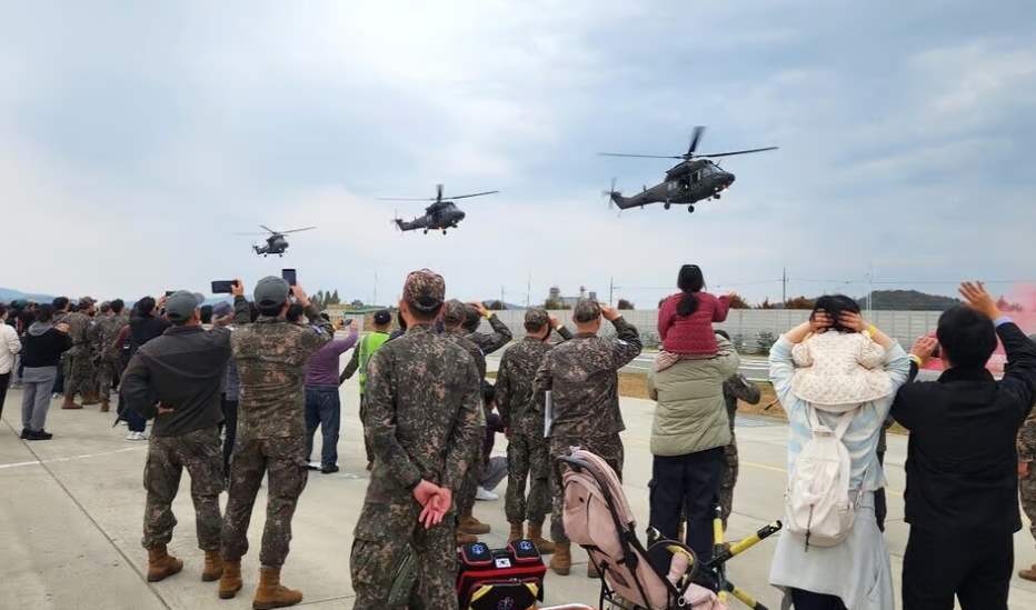 Yangju DroneBot Festival Surion helicopter landing on the Ganap-ri Airfield runway