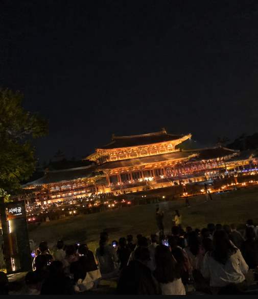 부여 백제문화단지 능사 오층석탑 앞 낙화놀이 불꽃이 수면에 반사되는 야경